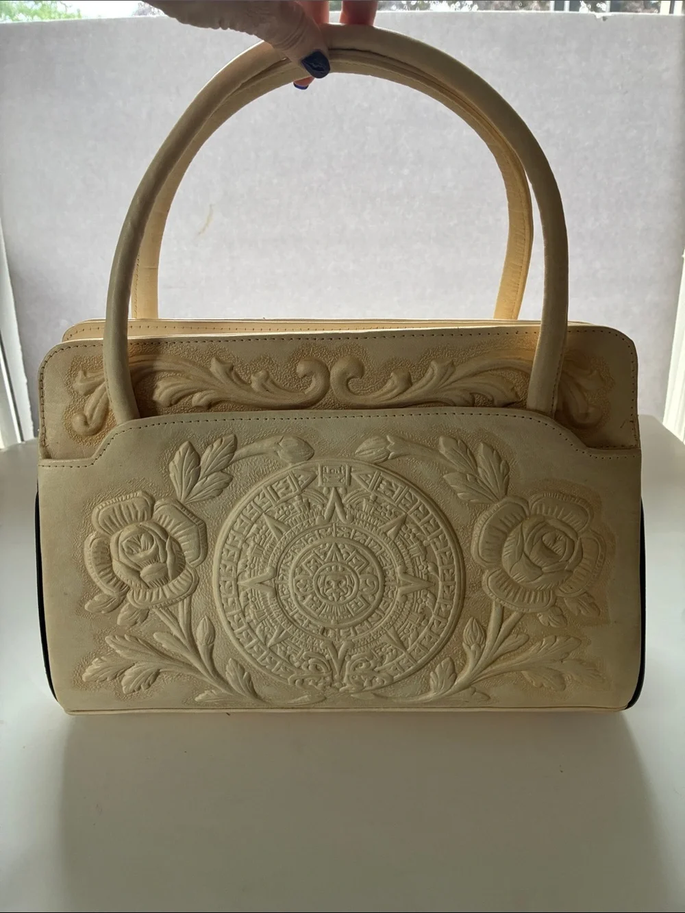 Vintage Mexican Hand Tooled Leather Hide  and Cow Hair 1970s Bag